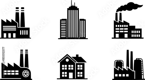 A series of black silhouettes depicting various industrial buildings
