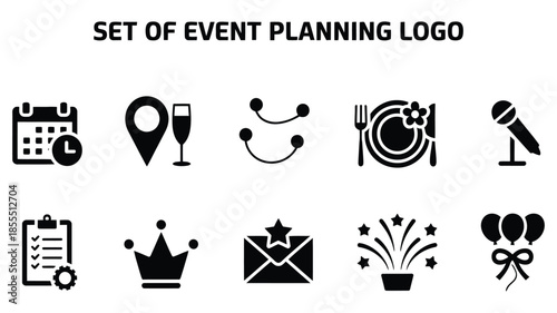versatile black vector set of event planning management icons featuring essential business party and celebration graphics for modern design projects and corporate branding.