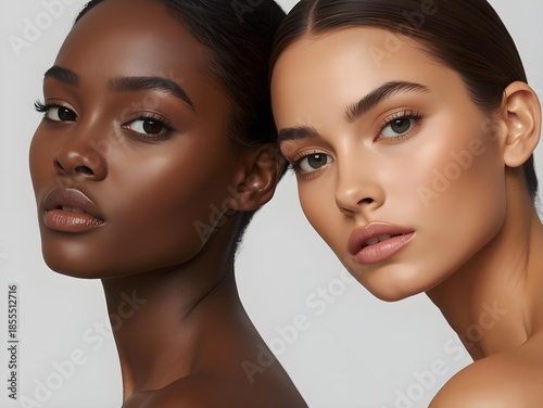 A captivating close-up portrait featuring two women with beautifully contrasting skin tones, showcasing natural makeup and the elegance of diverse beauty