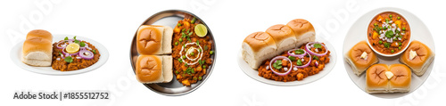 Four plates of pav bhaji with various toppings and arrangements on a plain surface view from above on transparent background