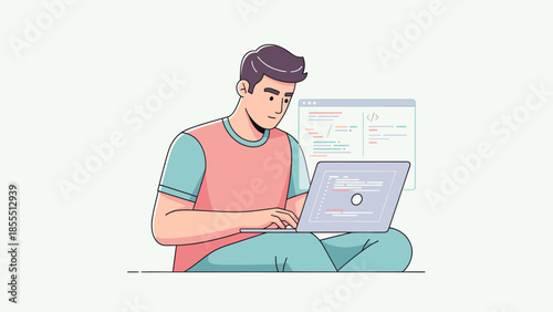 Young man focused on coding and programming on his laptop in a digital workspace