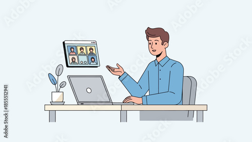 Young professional engaging in online video conference meeting from modern