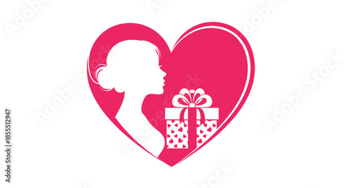 White silhouette profile of a beautiful woman with an elegant updo hairstyle next to a gift box inside a pink heart.