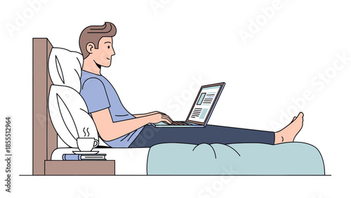 Young man working on a laptop in bed with coffee and books for relaxed