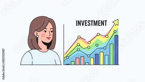 Successful woman analyzing financial growth and investment charts in modern