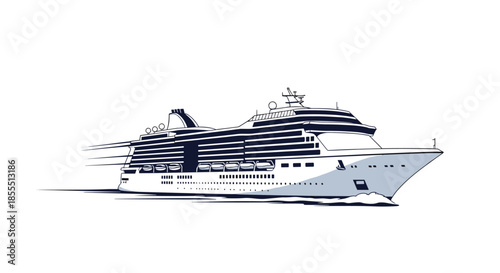 Hand-drawn style illustration of a large, modern cruise ship sailing on the water with speed lines indicating motion.