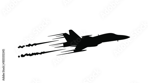 Silhouette of a jet fighter aircraft soaring through the sky, leaving a trail of smoke.