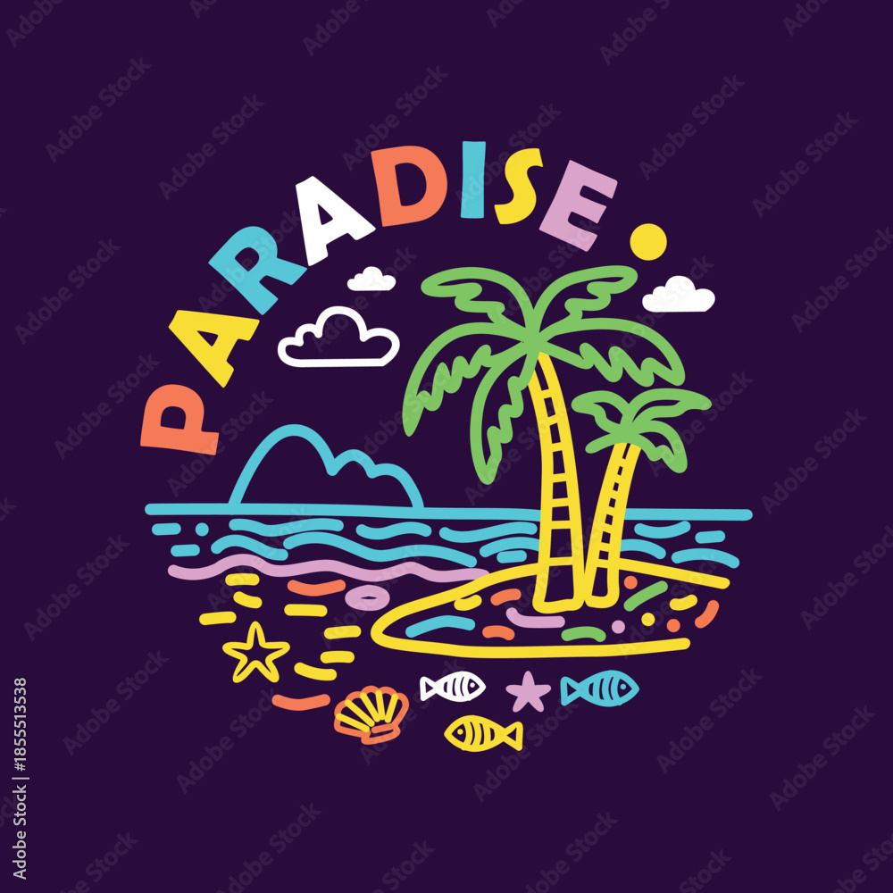 Obraz premium Vibrant Tropical Island Paradise Illustration 