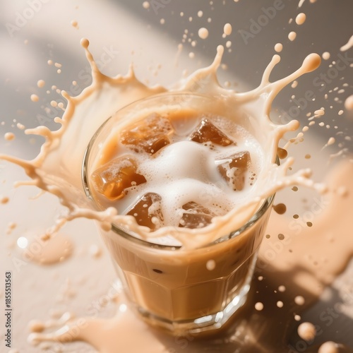 4k high quality Ai generative HD photo realistic menu selling drink cafe beverage organic soda background fresh roasted coffee splash exploding shake milk glass bubble boba tea pouring crushed