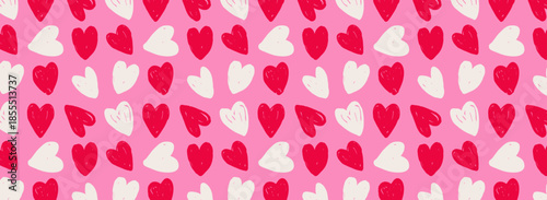 Seamless Valentine’s Day pattern with red and white hearts on pink background. Cute romantic repeat design for wrapping paper, textiles, cards, packaging, wallpapers and festive branding.