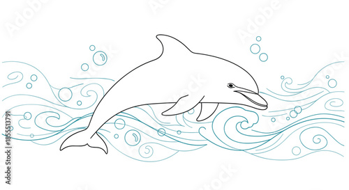 Graceful dolphin drawn in a simple black outline style, jumping through stylized blue waves and bubbles on white background.