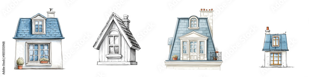 Obraz premium Quaint European House Set: Hand-Drawn Watercolor Illustrations
