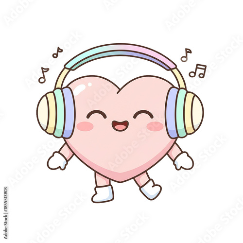 Cute heart character enjoying music with colorful headphones on