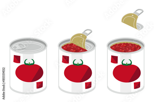 缶切り不要のカットトマトの缶詰を開けるイラスト