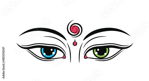 Mystical and spiritual Buddha eyes with a bindi and urna spiral, symbolizing wisdom, compassion, and all-seeing vision.