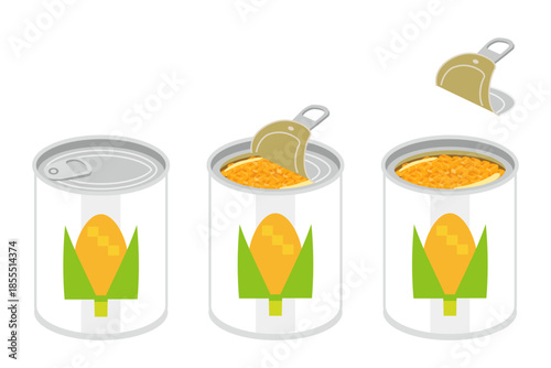 缶切り不要のトウモロコシの缶詰を開けるイラスト