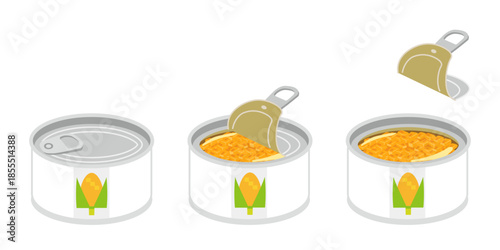 缶切り不要のトウモロコシの缶詰を開けるイラスト　ミニサイズ