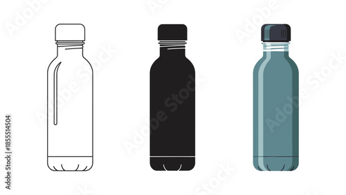 Set of three water bottles in different styles outline, silhouette and colored illustration
