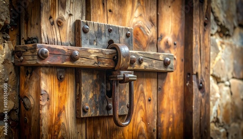 Rustic Charm: A Close-Up of an Old Wooden Door with a Wrought Iron Latch