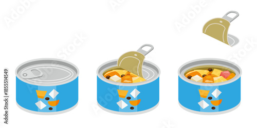 缶切り不要のみつ豆の缶詰を開けるイラスト　ミニサイズ