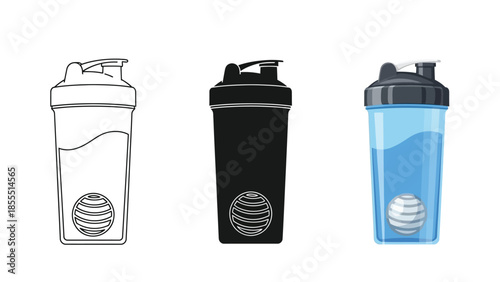 Set of three protein shaker bottles outline, silhouette and colored illustration with mixing ball
