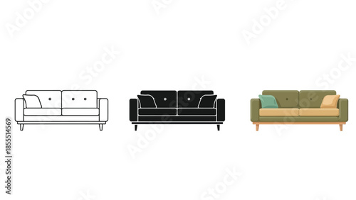 Set of three modern sofa icons outline, solid black and colored illustration