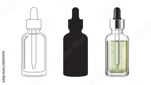 Set of three cosmetic dropper bottles outline drawing, black silhouette and realistic 3d render with green liquid