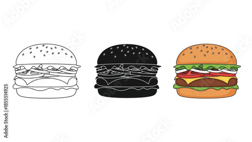 Set of three hamburger icons outline, silhouette and full color illustration of a cheeseburger with lettuce, tomato and onion