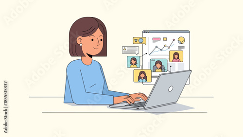 Young woman working on a laptop with data analytics and virtual collaboration