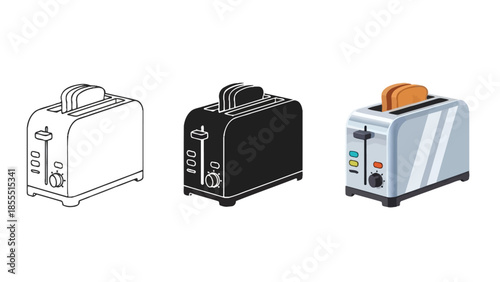 Set of three toaster icons outline, solid black and color illustration