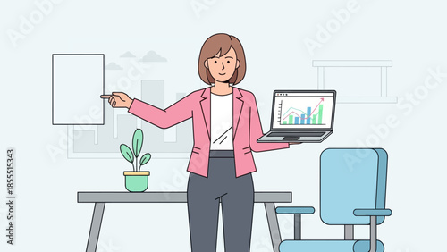 businesswoman presenting analytics with laptop and whiteboard in modern office