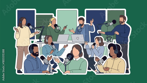 Diverse Group of Individuals Engaged in a Dynamic Podcast Recording Session