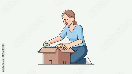 Woman organizing and packing moving boxes for a household relocation