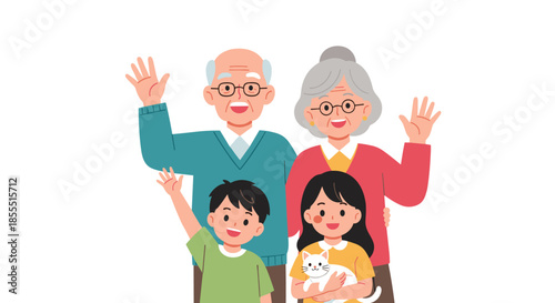 Charming illustration of a happy multi-generational family with grandparents, two grandchildren, and a pet cat waving cheerfully.