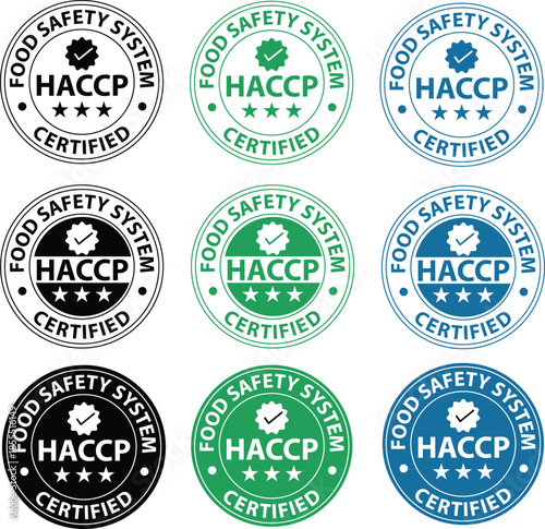 HACCP Hazard Analysis Critical Control Points. HACCP certified stamp. Food safety system round emblem. Food Safety system symbol. flat style.