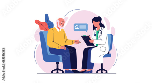 Female doctor consulting with an elderly male patient, discussing health issues and taking notes on a clipboard in her office.