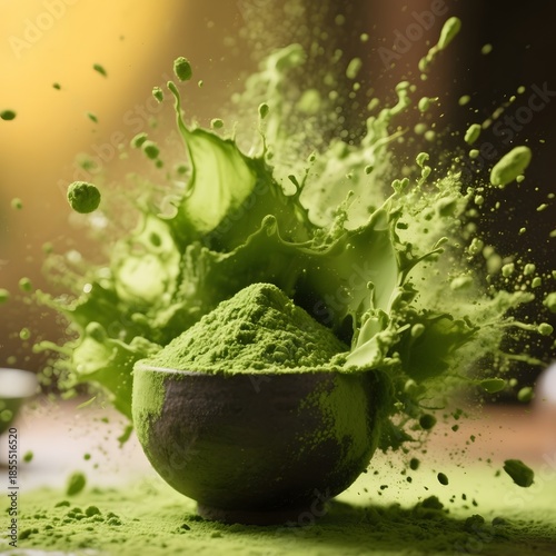 4k high quality Ai generative HD photo realistic menu selling drink cafe beverage organic milk background fresh splash exploding shake crushed green matcha tea coklat bubuk cocoa powder