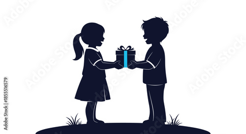 Simple silhouette illustration of a young boy giving a beautifully wrapped gift box with a ribbon to a girl on a white background.