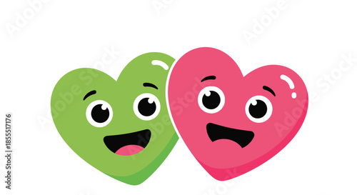 Simple and cute cartoon illustration of a happy green and pink heart couple cuddling together, symbolizing love and affection.