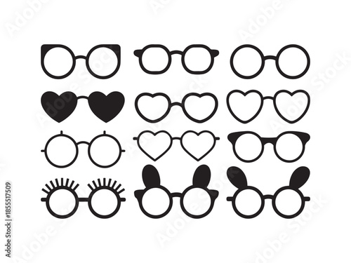 Collection of black and white glasses with various shapes and styles spectacles eyewear
