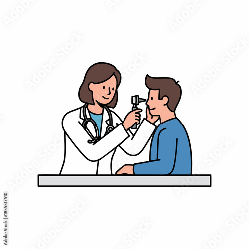 Female Doctor Examining Male Patient Eye with Ophthalmoscope Illustration