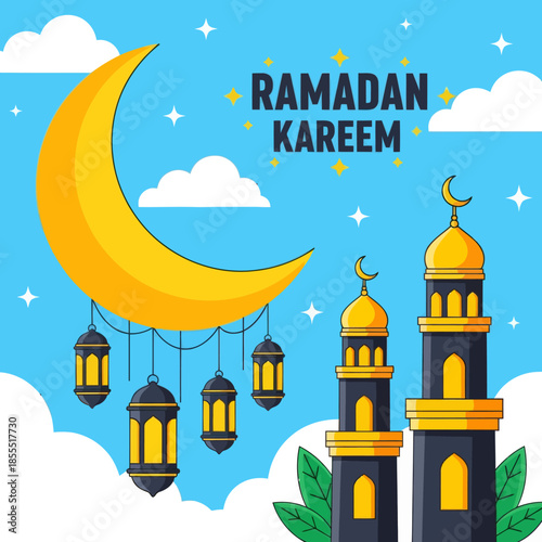 Ramadan Kareem illustration featuring crescent moon with hanging lanterns and mosque silhouettes on a blue sky background, ideal for Islamic greetings, banners, posters, social media, and festive desi