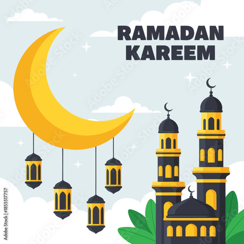 Ramadan Kareem illustration featuring crescent moon with hanging lanterns and mosque silhouettes on a blue sky background, ideal for Islamic greetings, banners, posters, social media, and festive desi
