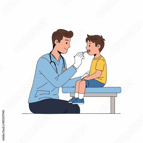 Male Pediatrician Examining Little Boy's Throat in Clinic Illustration