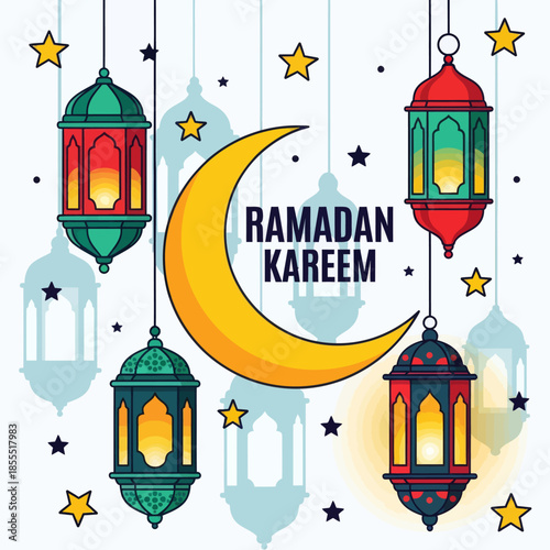 Ramadan Kareem greeting illustration with golden crescent moon, hanging lanterns, stars and mosque silhouettes in clean flat vector style for Islamic holiday banners, cards, posters, and social media.