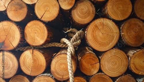 Rustic Charm: Close-up of Stacked Logs with Natural Rope Knot Detail