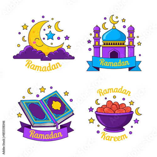 Colorful Ramadan icon set featuring crescent moon, mosque, Quran, and dates bowl, symbolizing Islamic faith, fasting, worship, and festive celebration of the holy month of Ramadan.