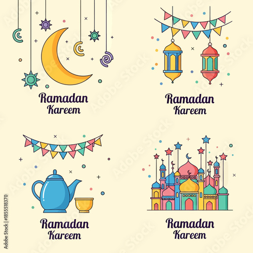 Ramadan Kareem greeting card set with crescent moon, lanterns, mosque, tea pot and festive bunting in colorful flat illustration style for Islamic holiday, social media, banner, and poster.