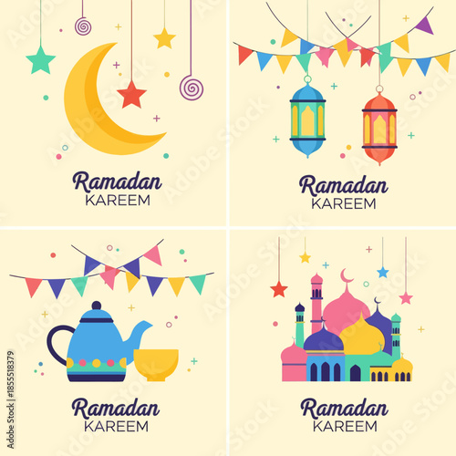 Ramadan Kareem greeting card set with crescent moon, lanterns, mosque, tea pot and festive bunting in colorful flat illustration style for Islamic holiday, social media, banner, and poster.
