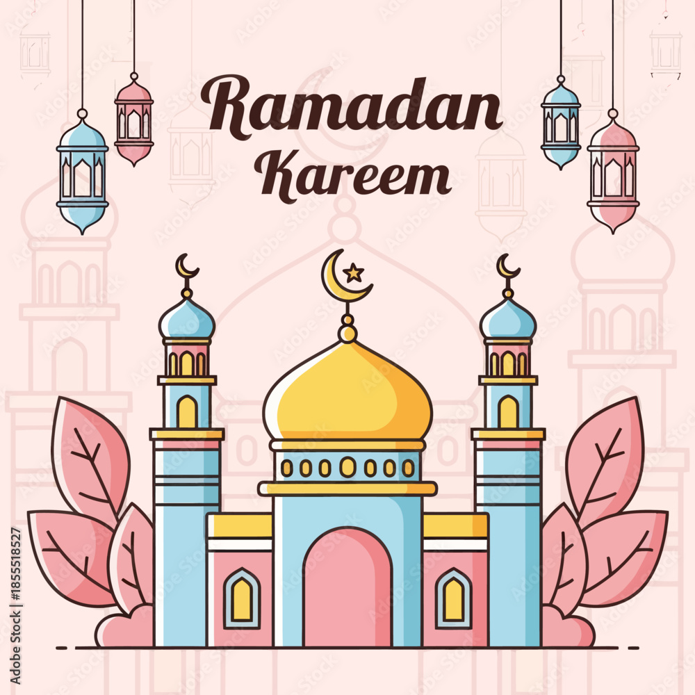 Obraz premium Elegant Ramadan Kareem illustration featuring colorful mosque, crescent moon, hanging lanterns and floral elements on soft pastel background, ideal for Islamic greeting cards, posters and festive desi